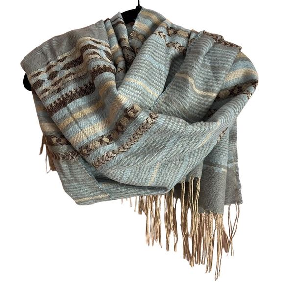 Powder Blue Southwestern Blanket Tassel Scarf 27x71” Big Cozy Scarf Stripes - Picture 7 of 14